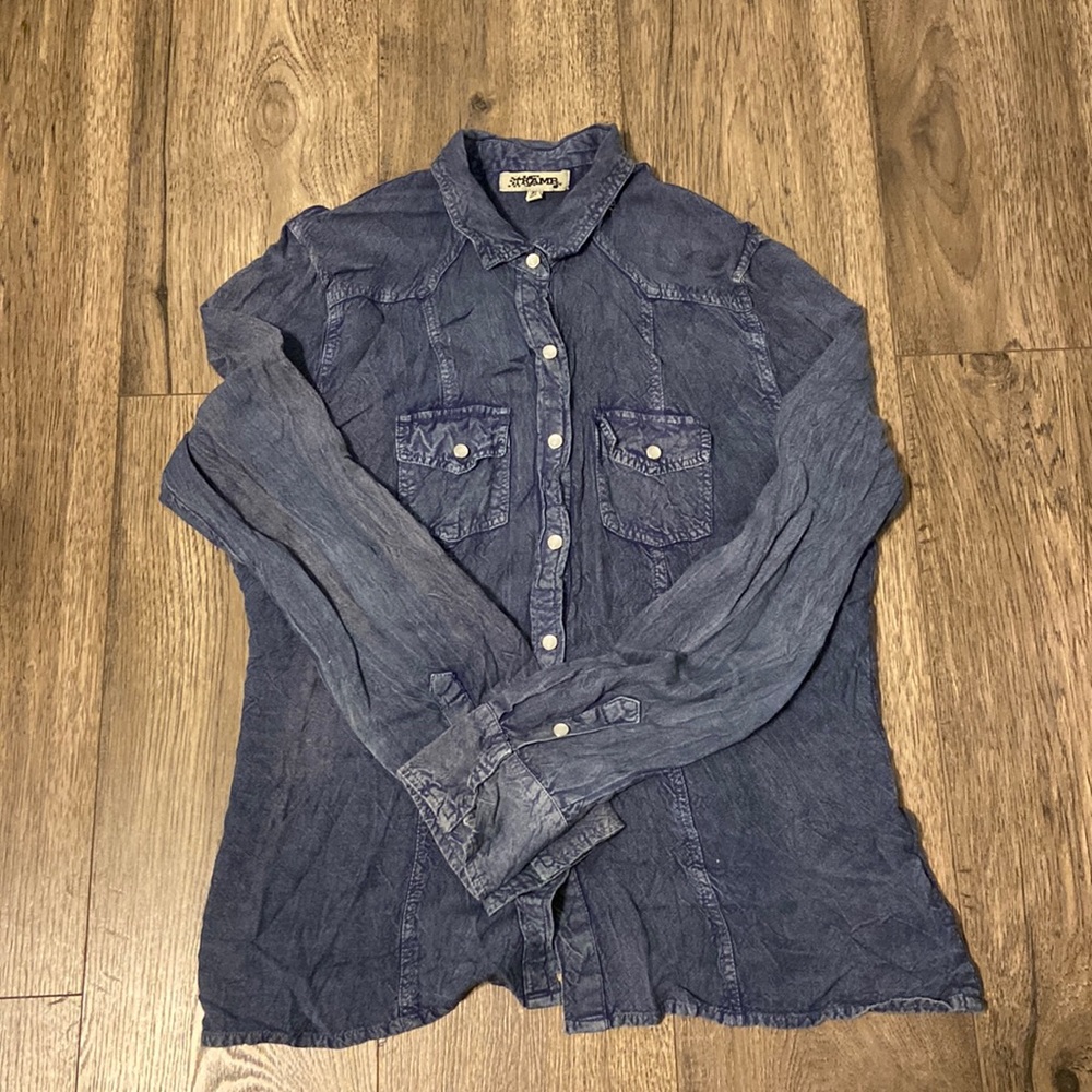 Long sleeve soft jean colored button down, runs small
